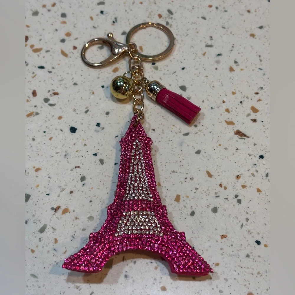 Pink Eiffel Tower‎ Keychain or Handbag Charm with Gold Accents